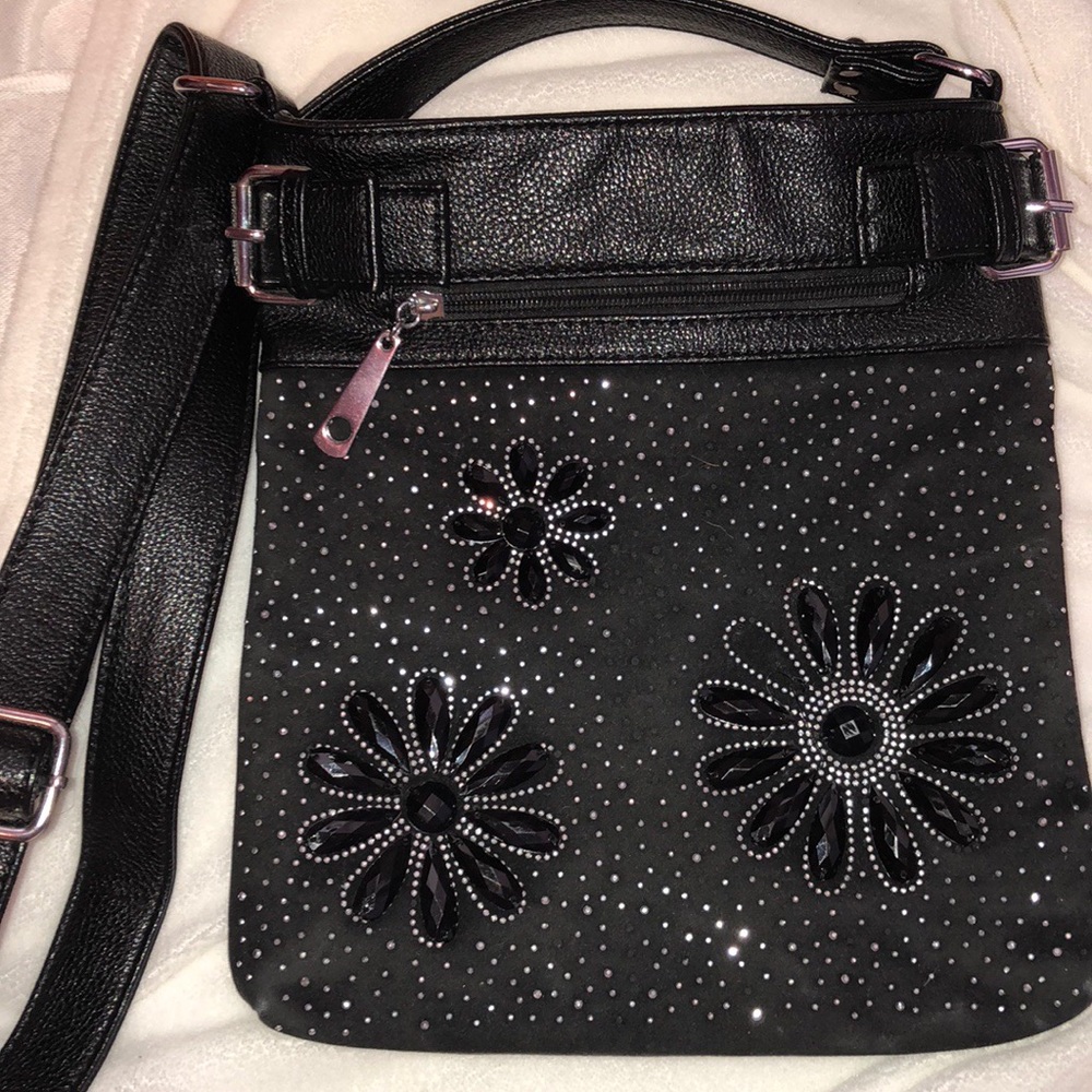 Black and silver flower detailed cross body bag
